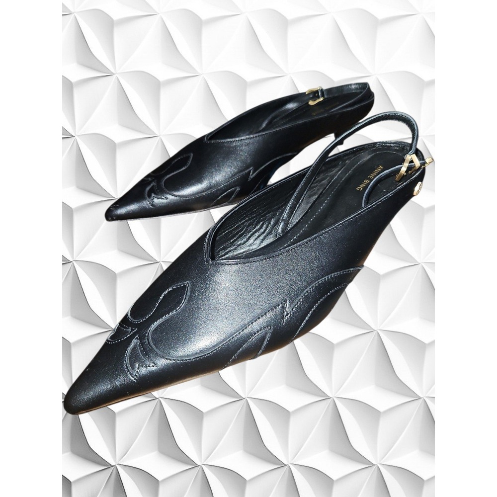 Anine Bing Black Leather Western Embroidered Slingback Kitten Heels Size 37 US 7